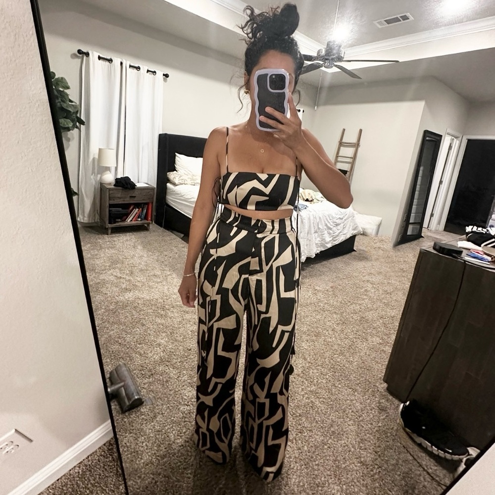 House of Harlow Satin Crop and Wide Leg Pants Set